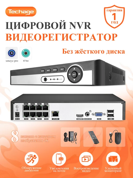 Цифровой видеорегистратор 8CH POE с hdd 1 ТБ, 1 ТБ