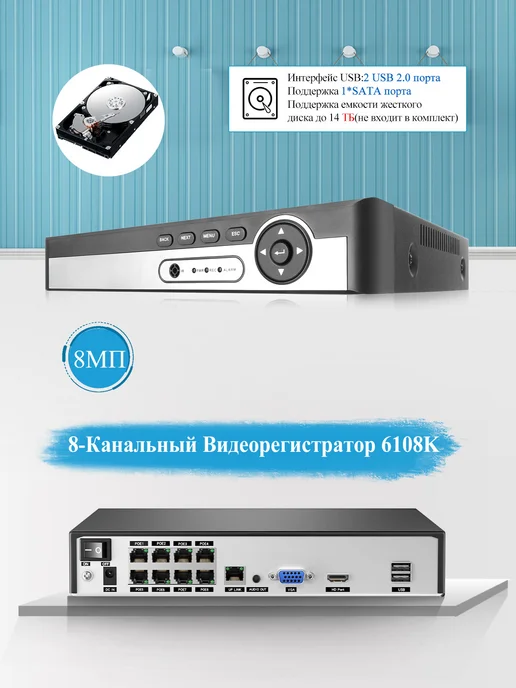 Цифровой видеорегистратор 8CH POE с hdd 1 ТБ, 1 ТБ, фото 3