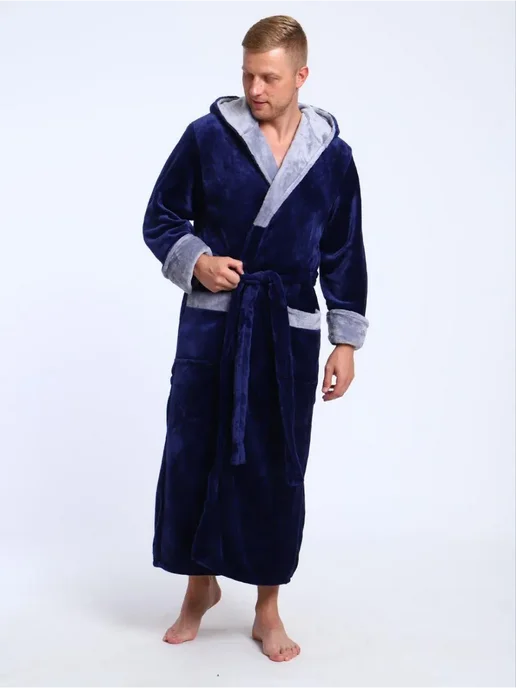 SIDRA TEXTILE Халат махровый однотонный с капюшоном, синий, фото 2