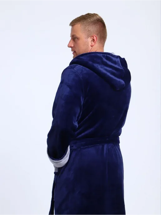 SIDRA TEXTILE Халат махровый однотонный с капюшоном, синий, фото 3