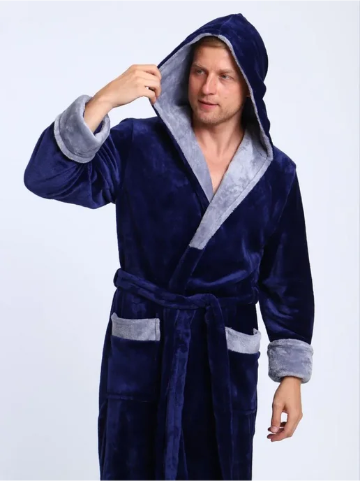 SIDRA TEXTILE Халат махровый однотонный с капюшоном, синий, фото 4