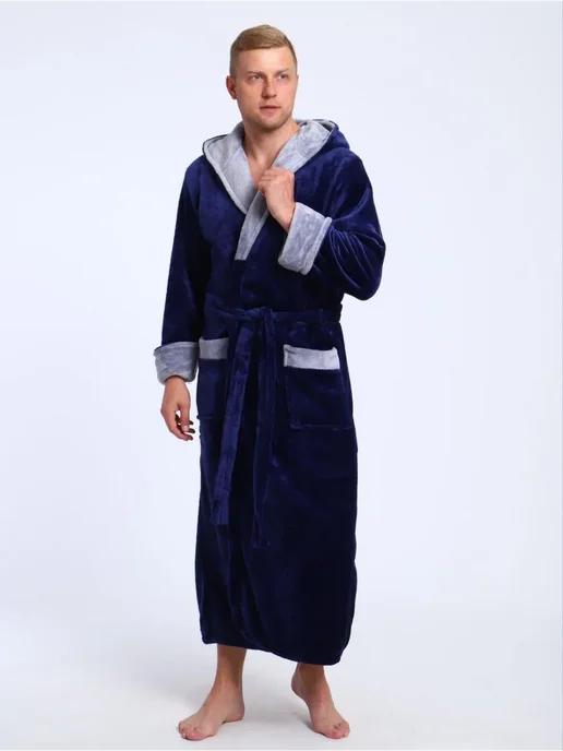 SIDRA TEXTILE Халат махровый однотонный с капюшоном, синий, фото 5