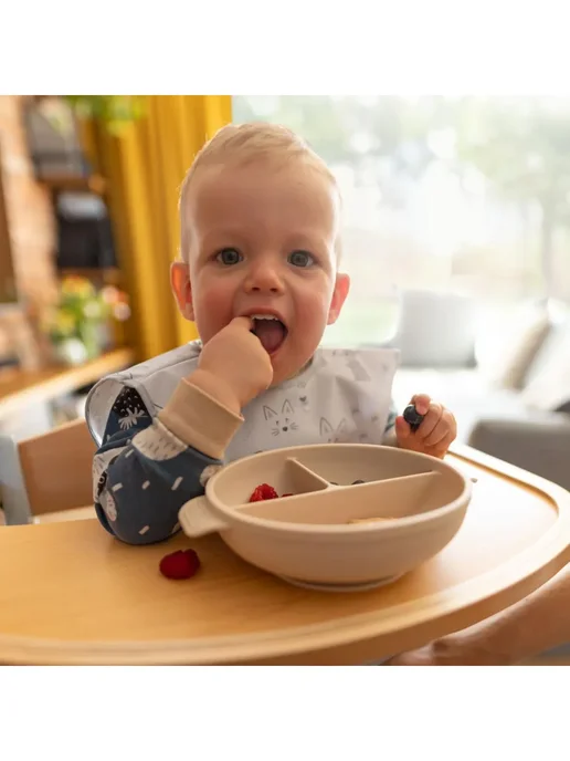Babyono Тарелка силиконовая детская с присоской и крышкой 6 мес+, бежевый, фото 7