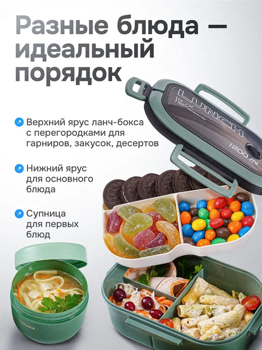 COOK EXPERT Ланч бокс двухуровневый с ручкой с термосумкой супницей, зеленый, фото 3