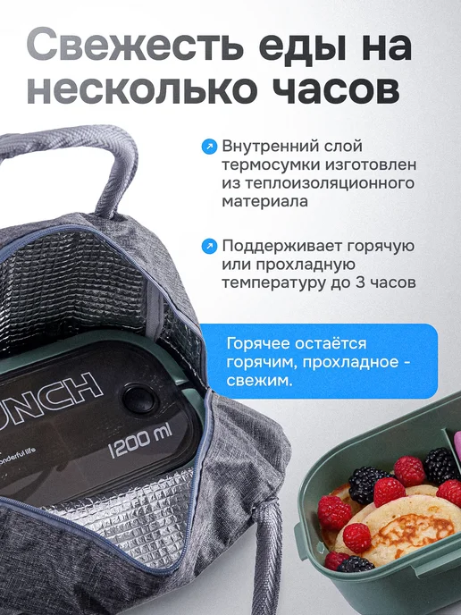 COOK EXPERT Ланч бокс двухуровневый с ручкой с термосумкой супницей, зеленый, фото 5