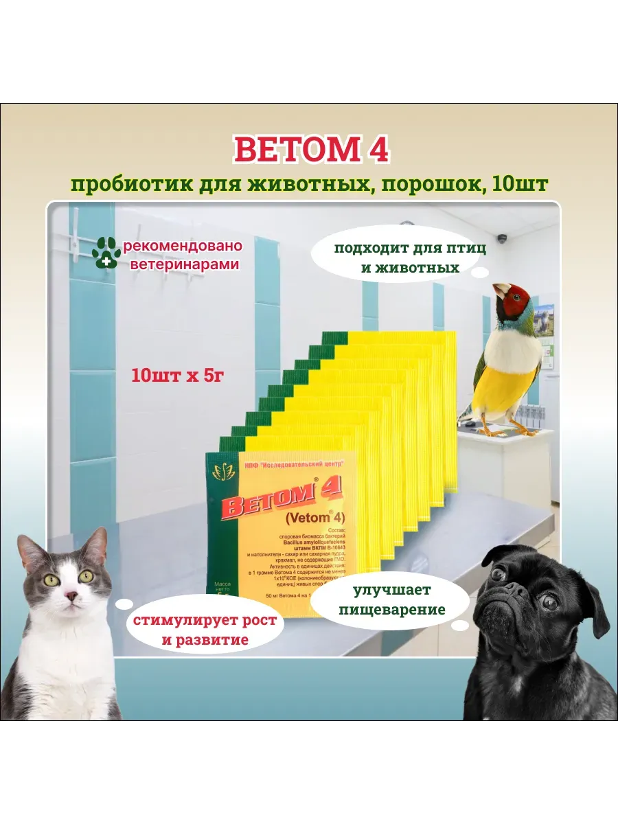 Ветом 4, пробиотик для животных порошок 10 шт по 5г