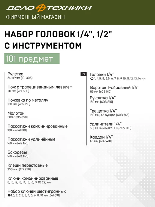 ДЕЛО ТЕХНИКИ Набор головок 1 4", 1 2" с инструментом, 101 предмет, 620801, вариант, фото 3